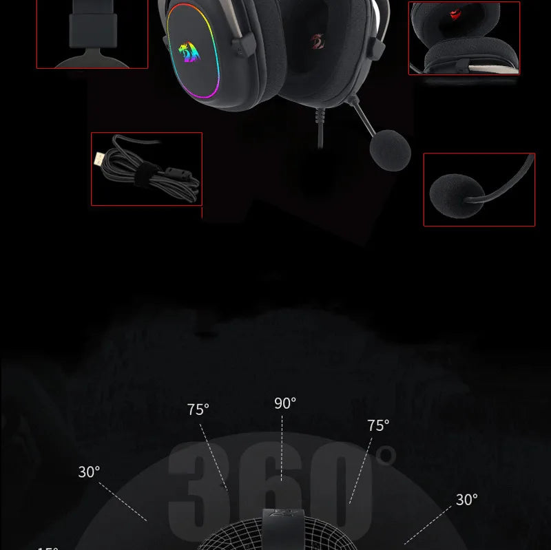 Redragon H510-RGB Zeus X Gaming Headphone Microphone Noise Cancelling 7.1 USB Surround Computer Headset Earphones EQ Controller