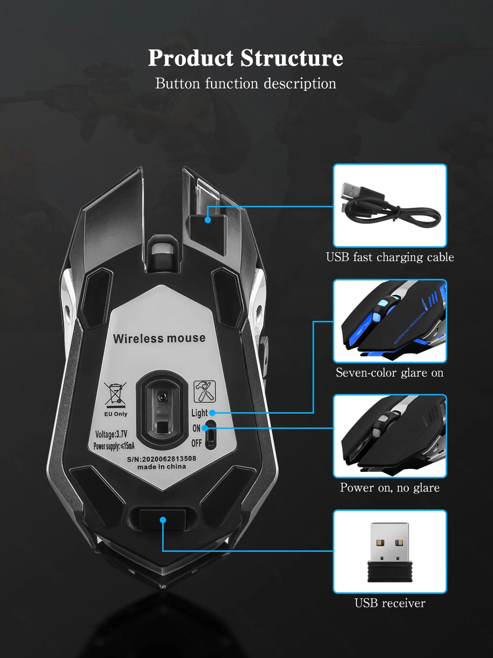 Gaming Mouse Rechargeable 2.4GWireless Bluetooth Mouse Mute Ergonomic Mouse for Computer Laptop LED Backlit Mice for IOS Android