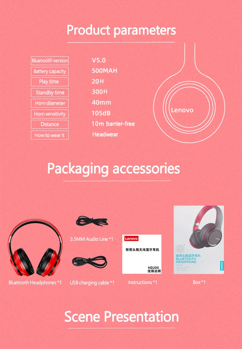 Original Lenovo HD200 Over-ear foldable wireless Bluetooth headset Sports hi-fi stereo gaming headset