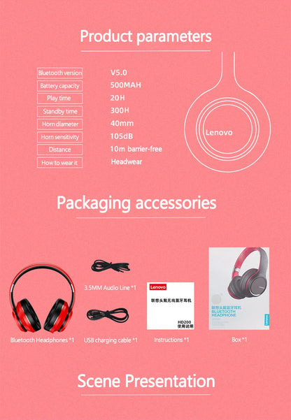 Original Lenovo HD200 Over-ear foldable wireless Bluetooth headset Sports hi-fi stereo gaming headset