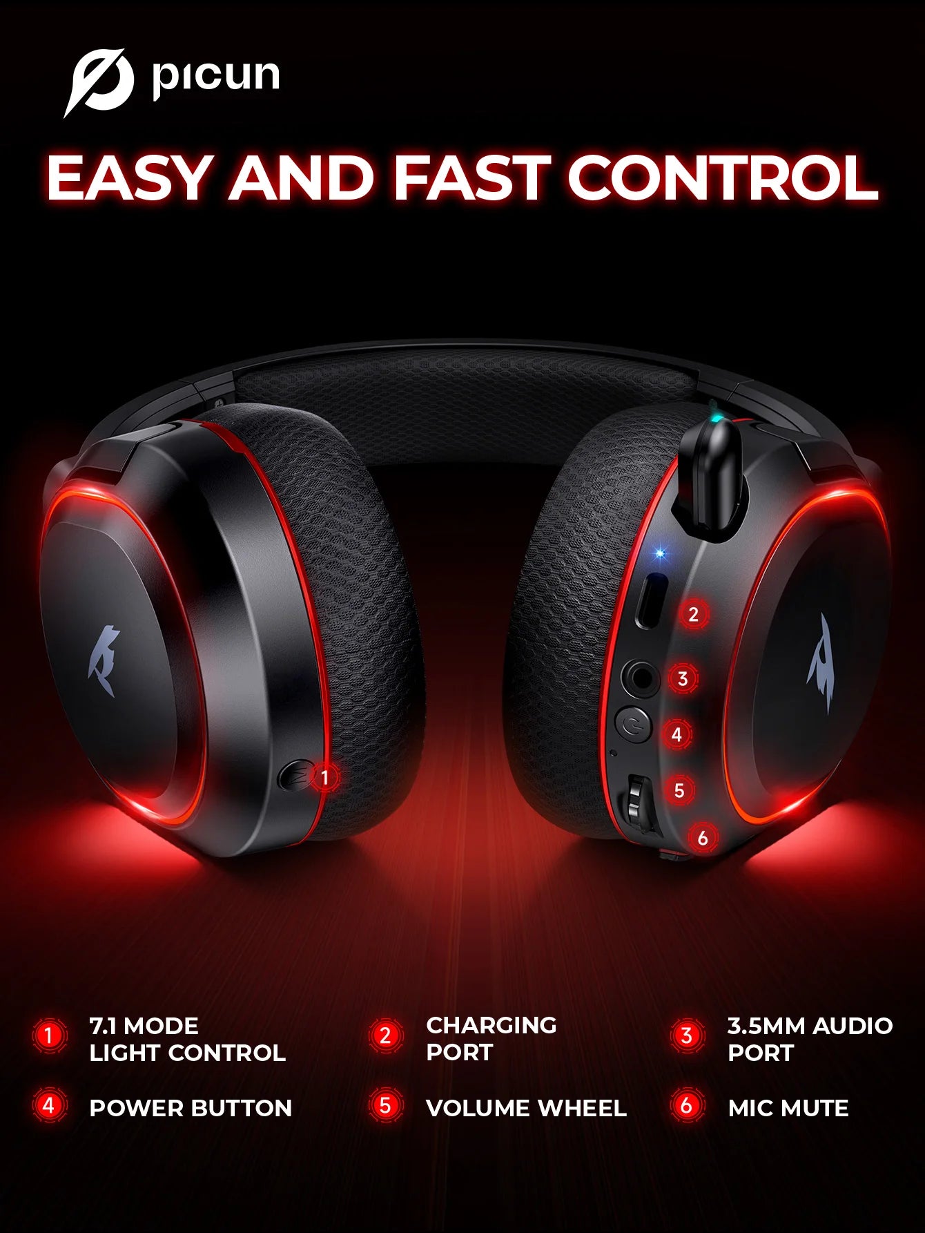 Picun G2 2.4G Wireless Gaming Headset Bluetooth Headphones 5ms Low Latency 7.1 Surround ENC Mic For PC PS4 PS5 Phone Switch