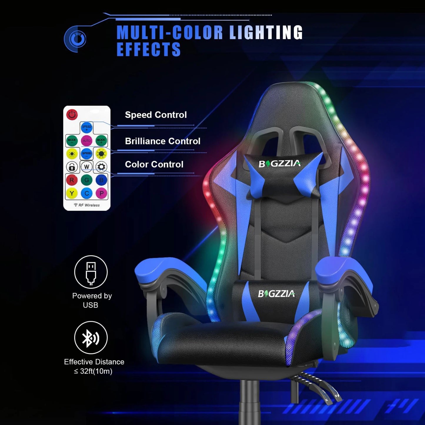 RGB Gaming Chair with LED Lights and Ergonomic Computer Chair Reclining PU Leather High Back Video Office Chair with Headrest