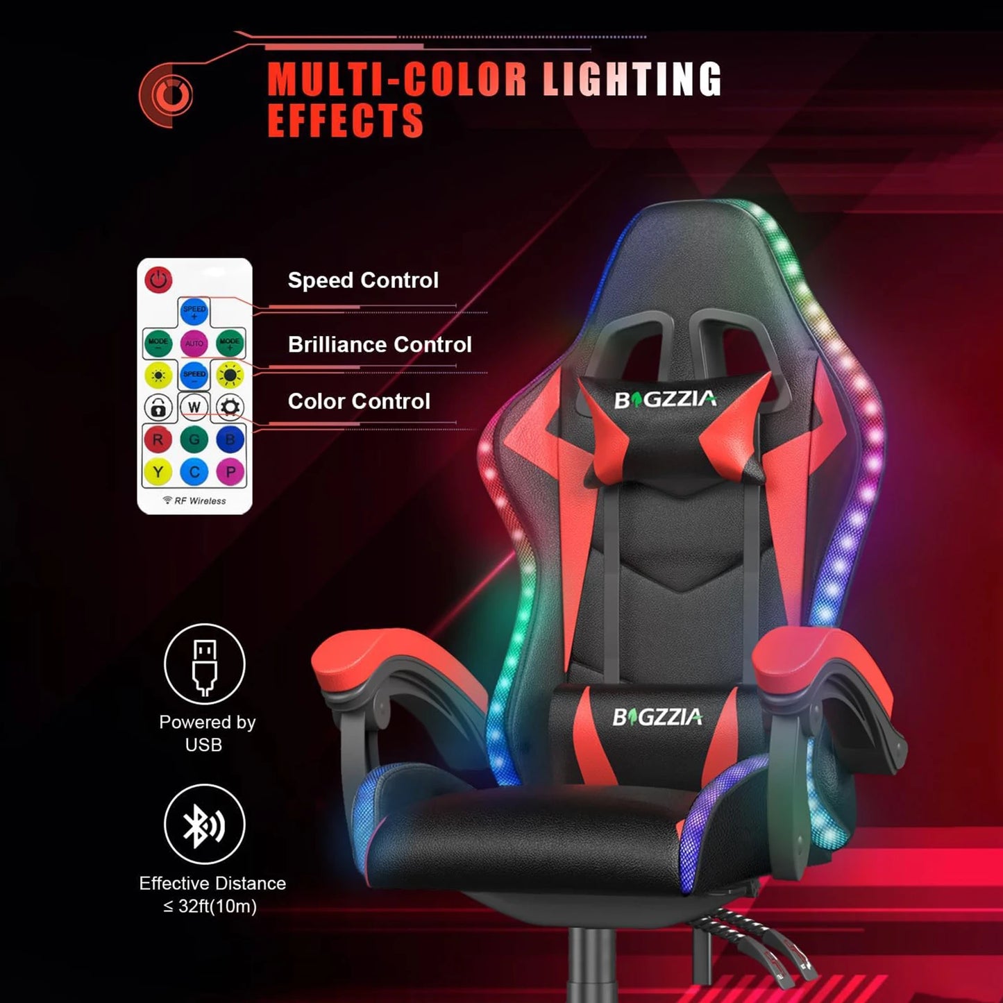 RGB Gaming Chair with LED Lights and Ergonomic Computer Chair Reclining PU Leather High Back Video Office Chair with Headrest