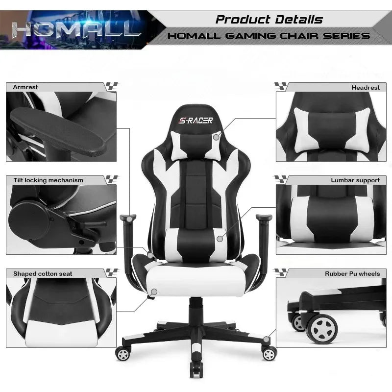 Homall Gaming Chair, Office High Back Computer Chair Leather Desk Racing Executive Ergonomic Adjustable Swivel Task Chair, White