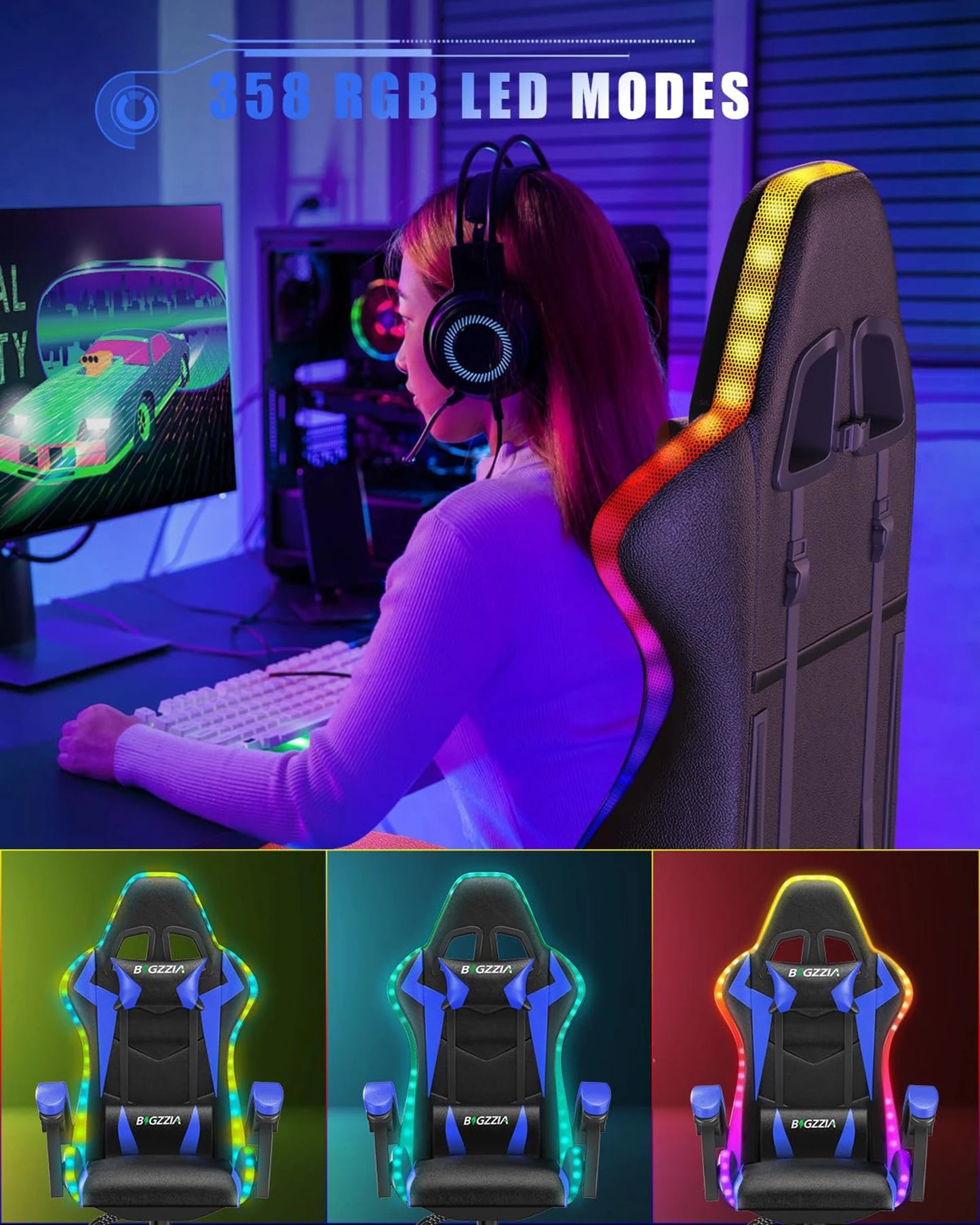 RGB Gaming Chair with LED Lights and Ergonomic Computer Chair Reclining PU Leather High Back Video Office Chair with Headrest