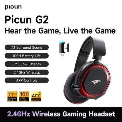 Picun G2 2.4G Wireless Gaming Headset Bluetooth Headphones 5ms Low Latency 7.1 Surround ENC Mic For PC PS4 PS5 Phone Switch