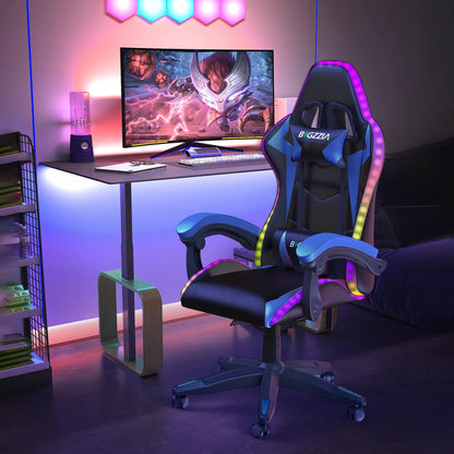 RGB Gaming Chair with LED Lights and Ergonomic Computer Chair Reclining PU Leather High Back Video Office Chair with Headrest